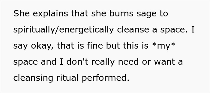 Text image discussing a friend's reluctance towards a cleansing ritual with sage for spiritual or energetic purposes. Text image discussing a friend's reluctance towards a cleansing ritual with sage for spiritual or energetic purposes.
