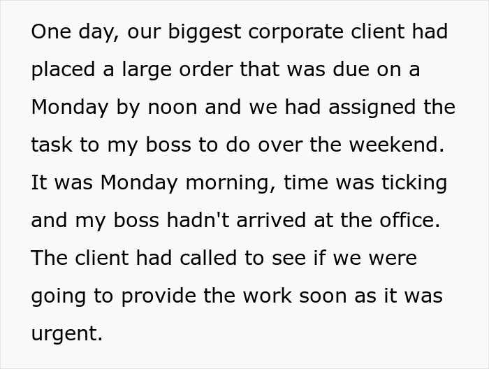 Text describing an urgent order awaiting an absent boss, highlighting malicious compliance.