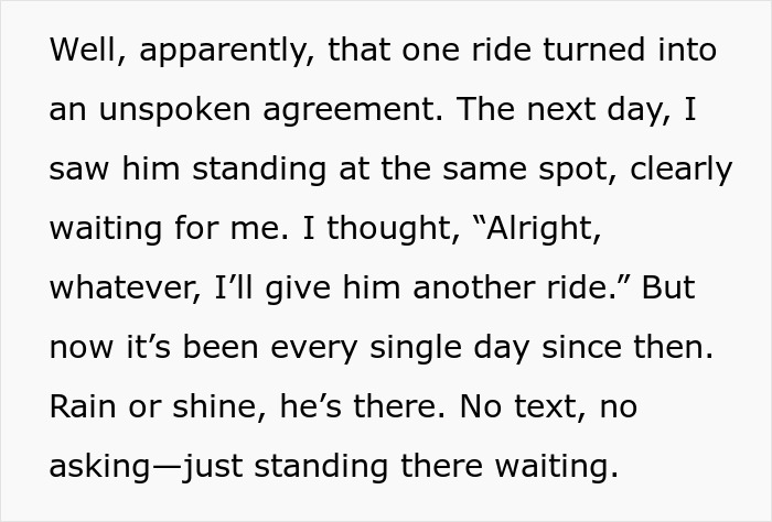 Text describing an unspoken daily carpool with a patient neighbor waiting at the same spot every day.