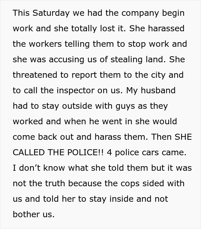 Text describing a dispute over a fence, with police involvement due to a neighbor's complaint.