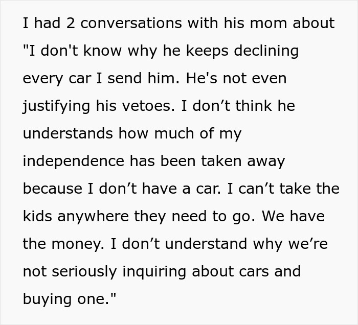 Text message revealing frustration over lack of car purchase, guy secretly loans mom $7.5K instead.