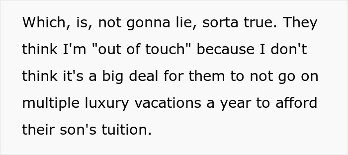 Text screenshot about being called "out of touch" over nephew's tuition. Text screenshot about being called "out of touch" over nephew's tuition.