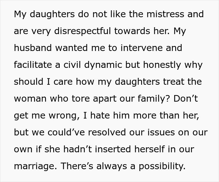 Text expressing a mother&rsquo;s perspective on her daughters' treatment of their dad's mistress.