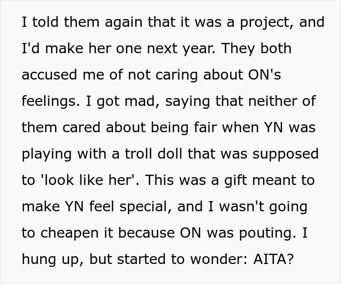 Text in a post discussing fairness in doll gifts for children, highlighting customized doll issues.