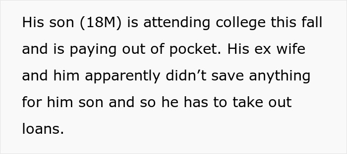 Text discussing son attending college and paying out of pocket due to lack of savings, highlighting family financial issues.