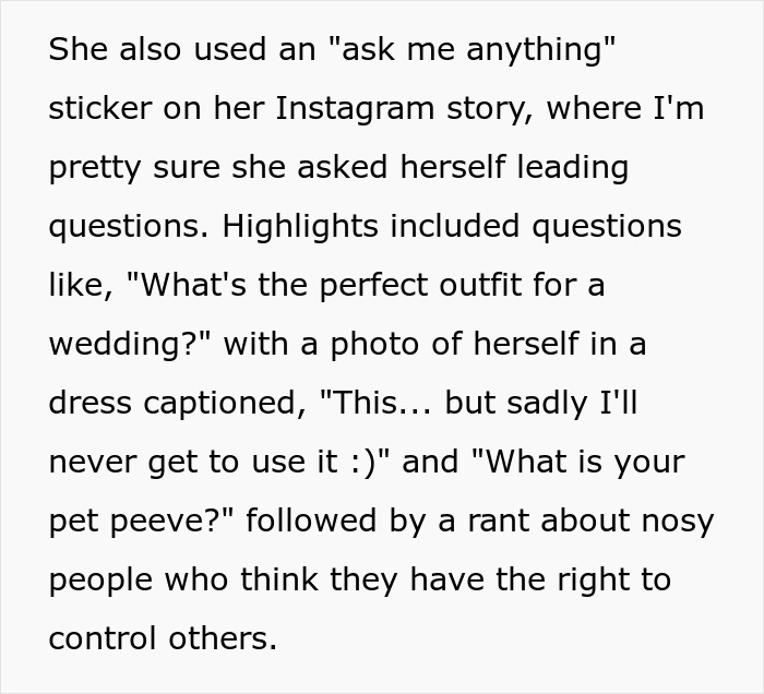 Text describing a woman using an Instagram "ask me anything" sticker, discussing wedding outfits and pet peeves.