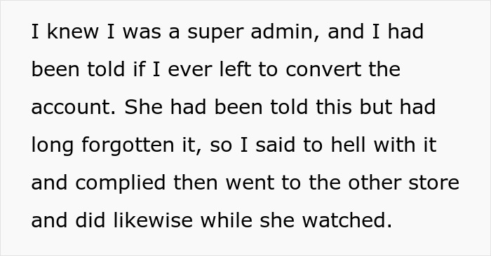Text excerpt about employee delivering malicious compliance to female boss. Text excerpt about employee delivering malicious compliance to female boss.