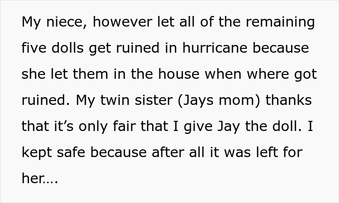 Text about niece's heirloom dolls ruined in a hurricane, with discussion about one doll kept safe.