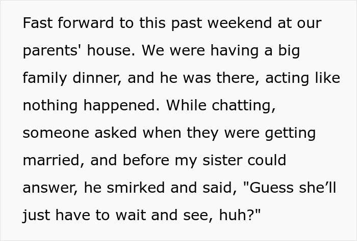 Text describing a prank proposal backfire during a family gathering conversation.