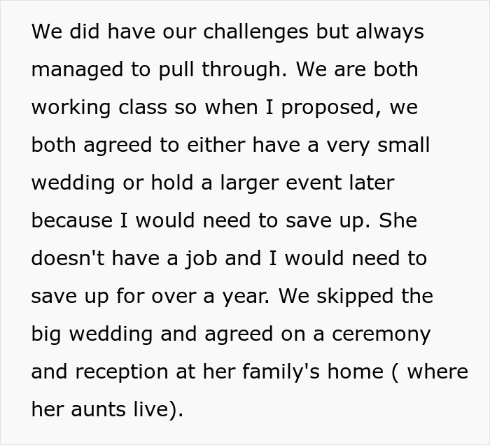 Text describing a couple's decision to have a smaller wedding due to financial constraints. Text describing a couple's decision to have a smaller wedding due to financial constraints.