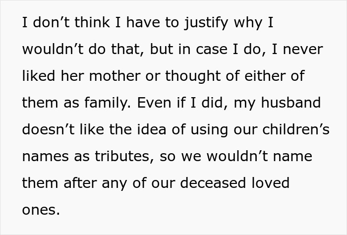 Text discussing not naming a baby after deceased family, including stepmom's mother.