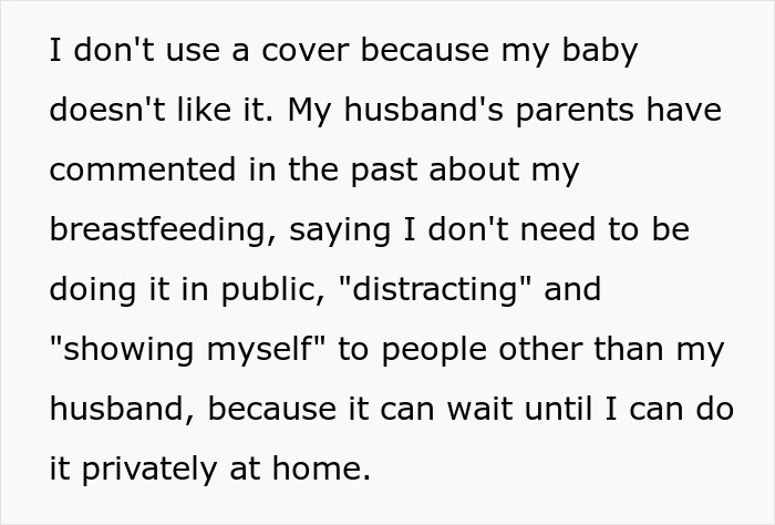 Text about breastfeeding discussion around family, mentions discomfort with public breastfeeding without a cover. Text about breastfeeding discussion around family, mentions discomfort with public breastfeeding without a cover.