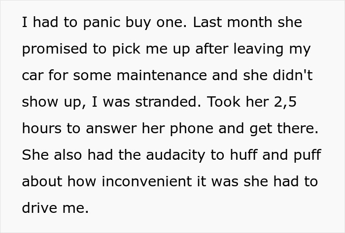 Text describing frustration over being stranded, sister promised a ride but delayed, highlighting unpaid babysitter issue.