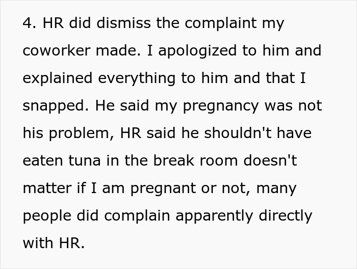Text about HR dismissing complaint over tuna in breakroom due to pregnancy issue.