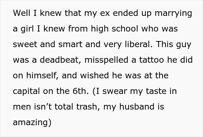 Text about a woman warning her ex's wife, who is pregnant, about his criminal record.