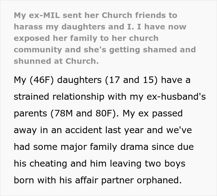 Ex&rsquo;s Parents Bully Ex-DIL Over Son's Affair, DIL Tells Her Church Everything, Gets Her Removed