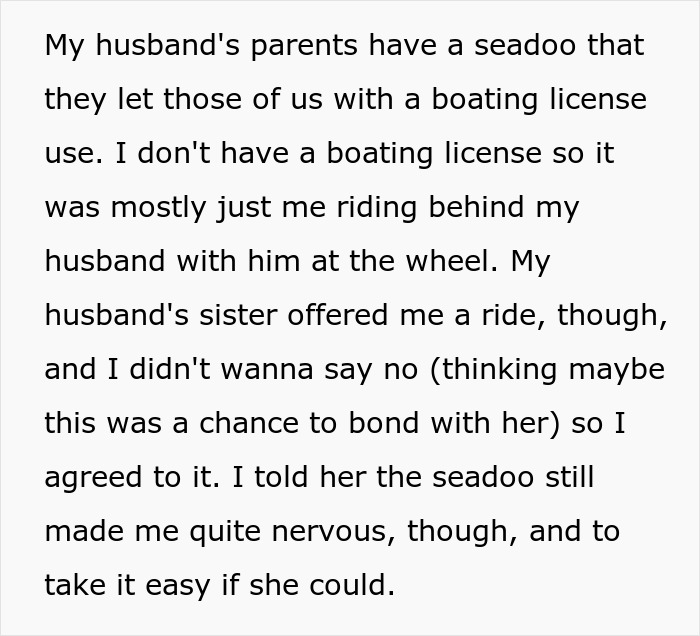 Text describes boating experiences and concerns with sister-in-law suggesting potential planning behind "accidents. Text describes boating experiences and concerns with sister-in-law suggesting potential planning behind "accidents.