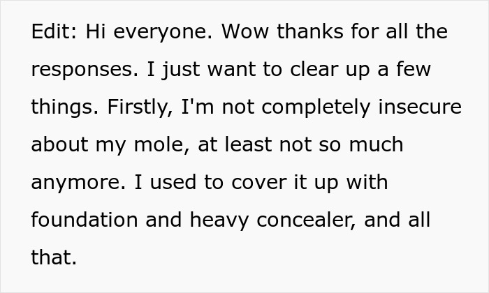 Text about bridesmaid discussing insecurities and covering a mole with concealer. Text about bridesmaid discussing insecurities and covering a mole with concealer.