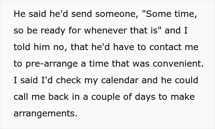Text exchange about pre-arranging a convenient time for a meeting and checking calendar after being fired.