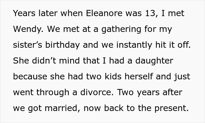 Text story about family and relationships, discussing his daughter, meeting his new wife, and blending their families.