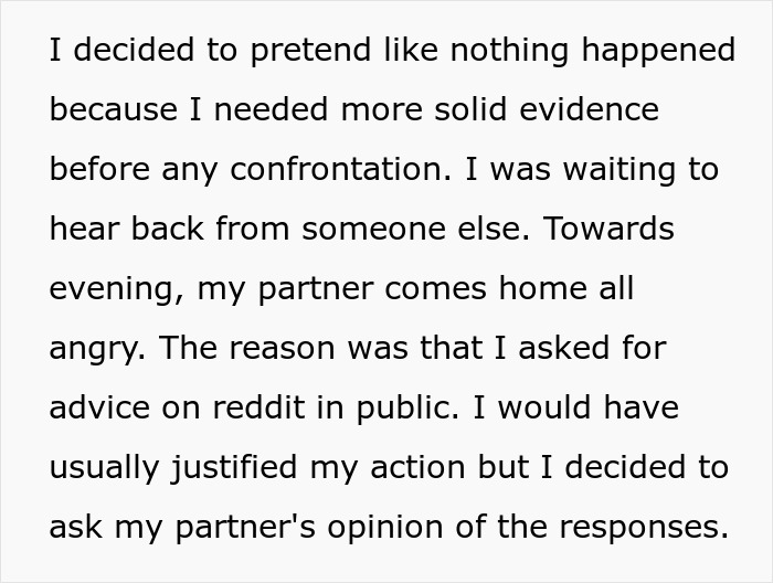 Text reveals a person seeking advice on Reddit after finding a photo of partner and 'work spouse' in a sauna.