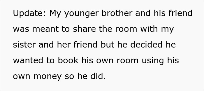 Text update about a brother booking his own room for a family holiday.