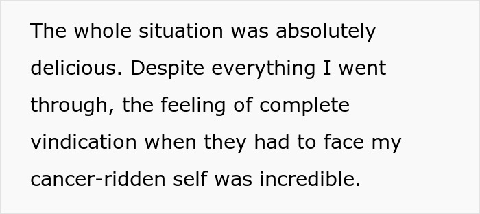 Text discussing vindication after a cancer diagnosis. Text discussing vindication after a cancer diagnosis.