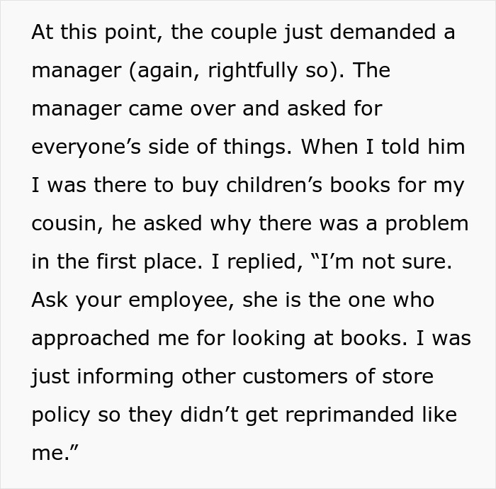 Text describing a confrontation at a bookstore over a young adult buying children&rsquo;s books.