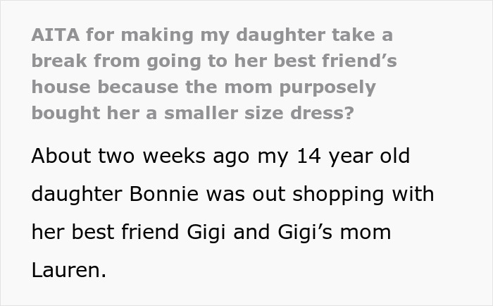 Text discussing body-shaming incident involving a friend's parent and a 14-year-old girl, focusing on dress size.