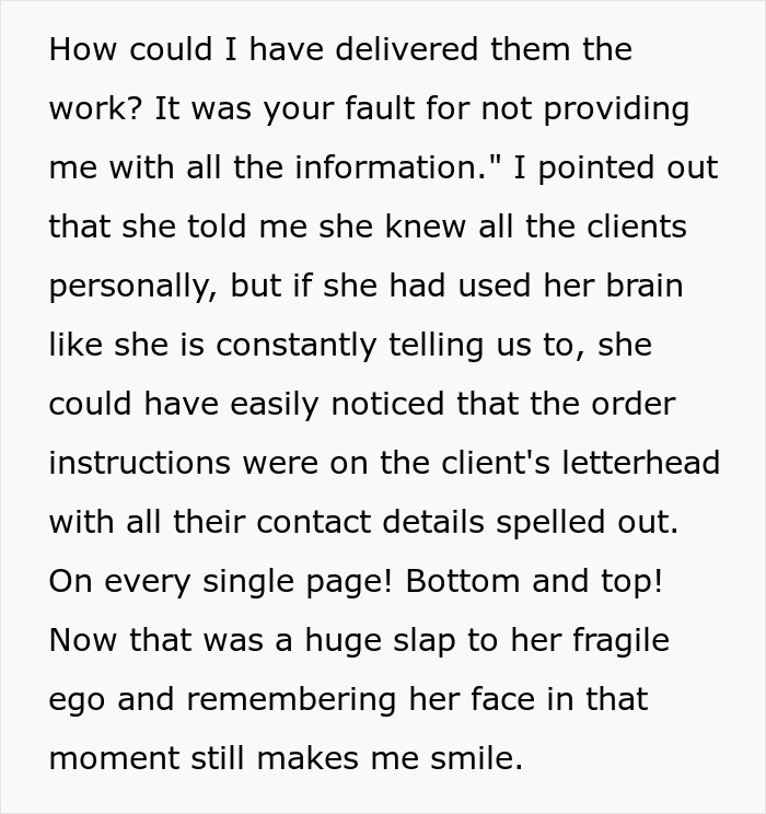 Text from a story about a guy using malicious compliance to embarrass his egoistic boss.