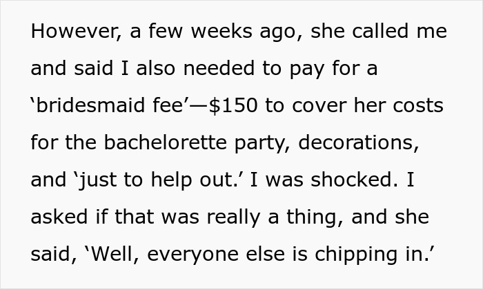Text discussing a $150 bridesmaid fee request for wedding expenses like bachelorette party and decorations.