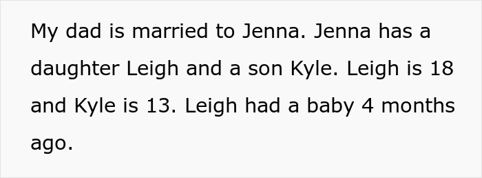 Text discussing family dynamics and a stepsister with a baby. Text discussing family dynamics and a stepsister with a baby.