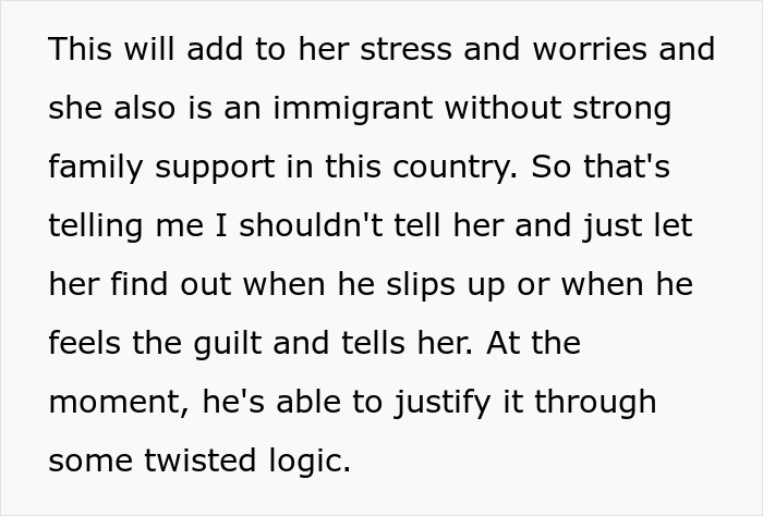Text discussing the ethical dilemma of revealing a partner's affair, considering the impact on an immigrant.