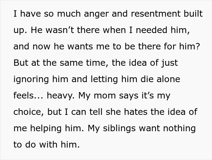 Text discussing emotions about a father who left and now needs care.