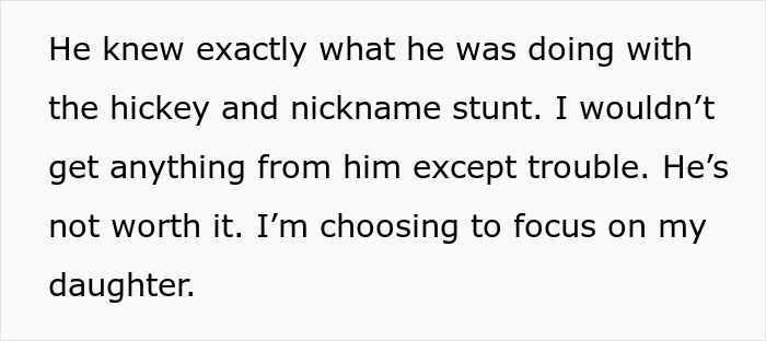 Text about hickey and nickname stunt, discussing relationship issues and personal focus on daughter.