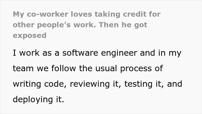 Coworker exposed for stealing work, software engineer describes process of writing, reviewing, testing, and deploying code.