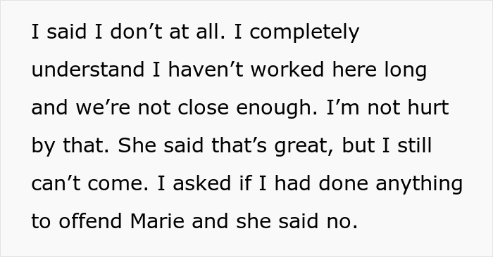 Text detailing exclusion and ban from office parties due to mean girls.