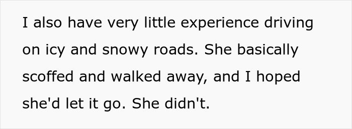 Text excerpt discussing lack of driving experience on icy roads and someone's insistent request.