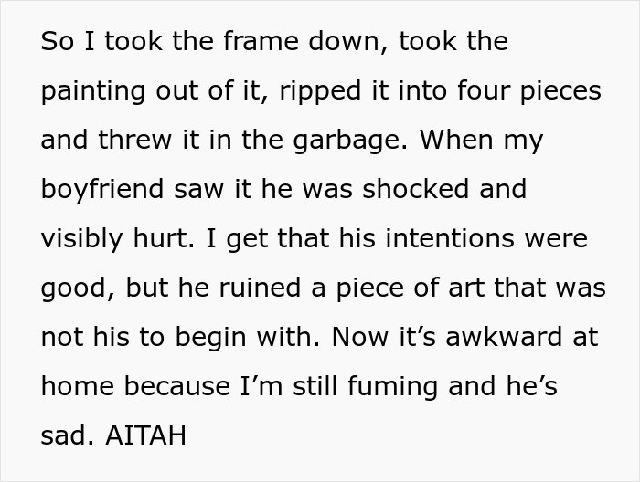 Text excerpt about a woman discarding artwork after her boyfriend attempts to fix it, causing tension.