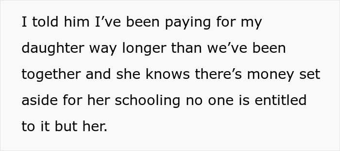 Text about a wife defending her daughter's college fund, emphasizing entitlements and financial priorities.