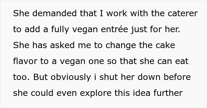 Text showing a request for vegan menu changes and wedding cake, followed by a denial.