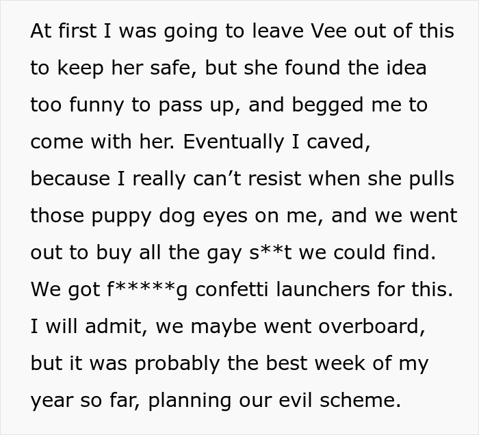 Text describing a woman's humorous plan to come out to her homophobic family using confetti and humor.