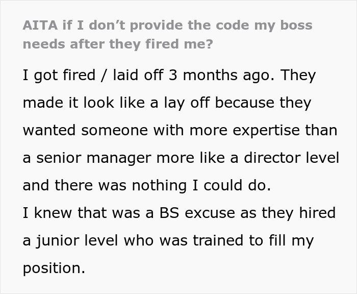 Laid-off employee discussing being fired, expressing disbelief at boss's excuses after three months.