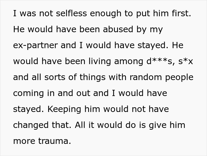 Text about woman expressing reasons for giving a baby up for adoption, mentioning potential trauma.