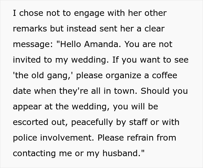 Text screenshot of a bride's message regarding wedding guest list decisions.