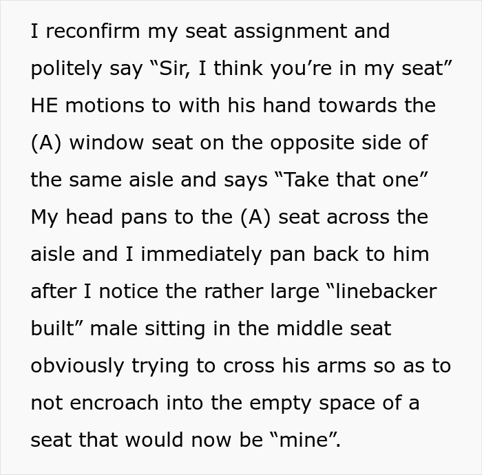 Text describing a man trying to guilt-trip a woman about changing seats on a plane.