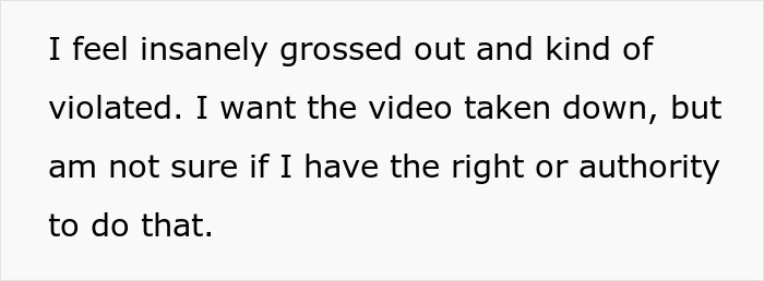 Text expressing discomfort about a coworker's internet trend involving her photo.