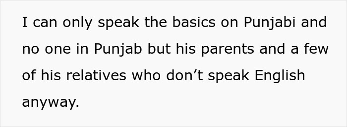 Text discussing language barriers related to relocating to India, focusing on Punjabi basics and English proficiency challenges.