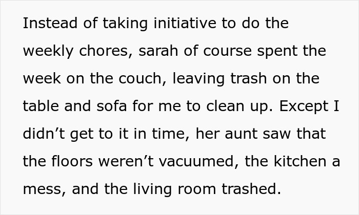 Text describing a messy living situation with trash on furniture and floors uncleaned.