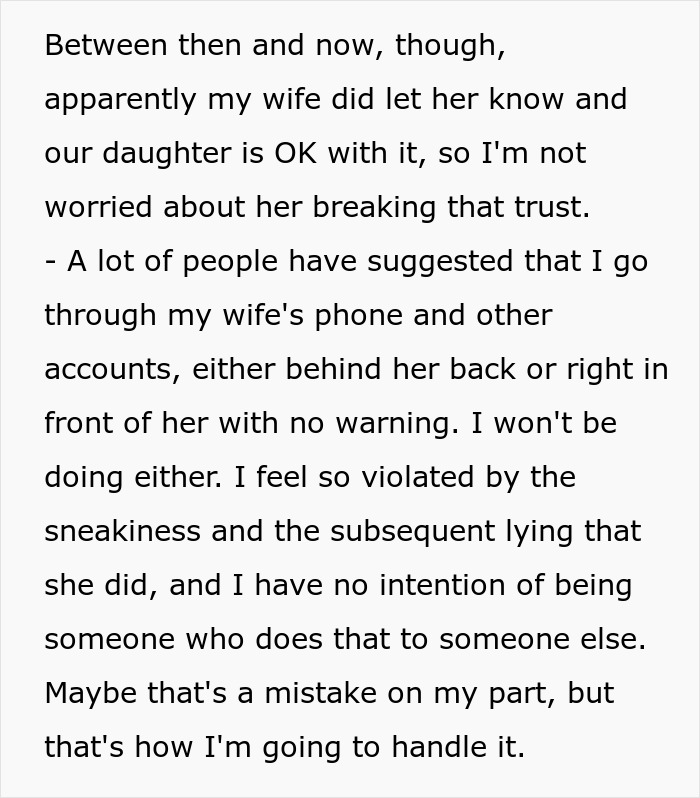 Man shares feelings on wife's phone monitoring and spending surveillance in a text post.